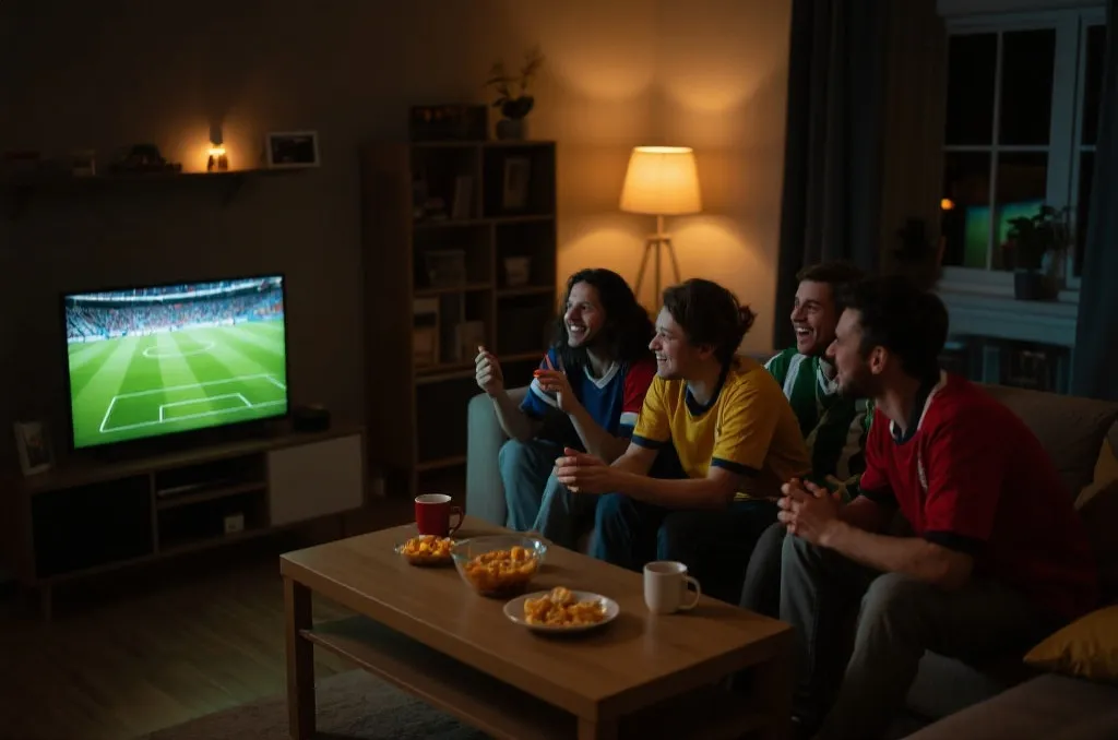 深夜社交观赛的温暖客厅场景